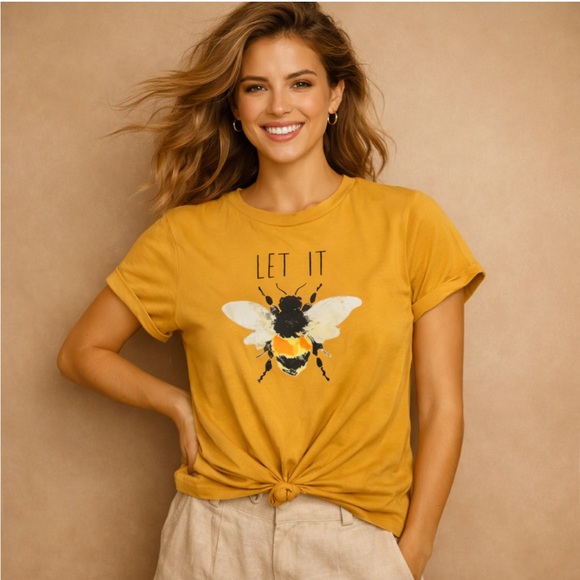 Tops - Mustard Bee Graphic Let It Bee Tee Knot Front Stretch Medium